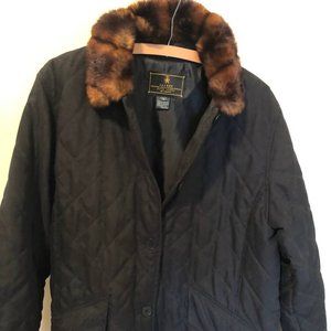 LAUREN Ralph Lauren Black Womens Quilted Jacket Faux Fur Collar Coat Button Sz M
